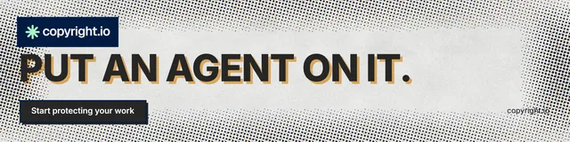 LinkedIn banner for copyright.io: "Put an agent on it." Brutalist style, poster layout, light palette in grey, white.