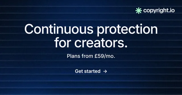 Social ad for copyright.io: "Continuous protection for creators." Minimal luxury style, centred layout, dark palette in blue, black.
