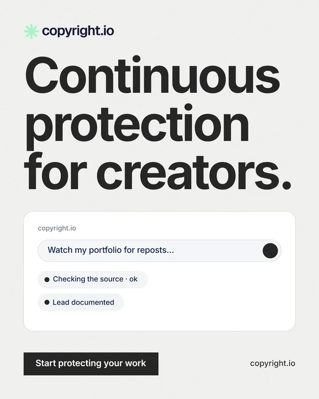 Instagram portrait post for copyright.io: "Continuous protection for creators." Swiss style, poster layout, light palette in white, grey.