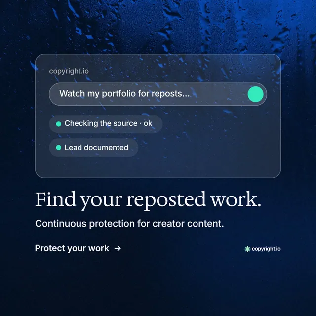 Instagram post for copyright.io: "Find your reposted work." Minimal luxury style, bottom layout, dark palette in black, blue.