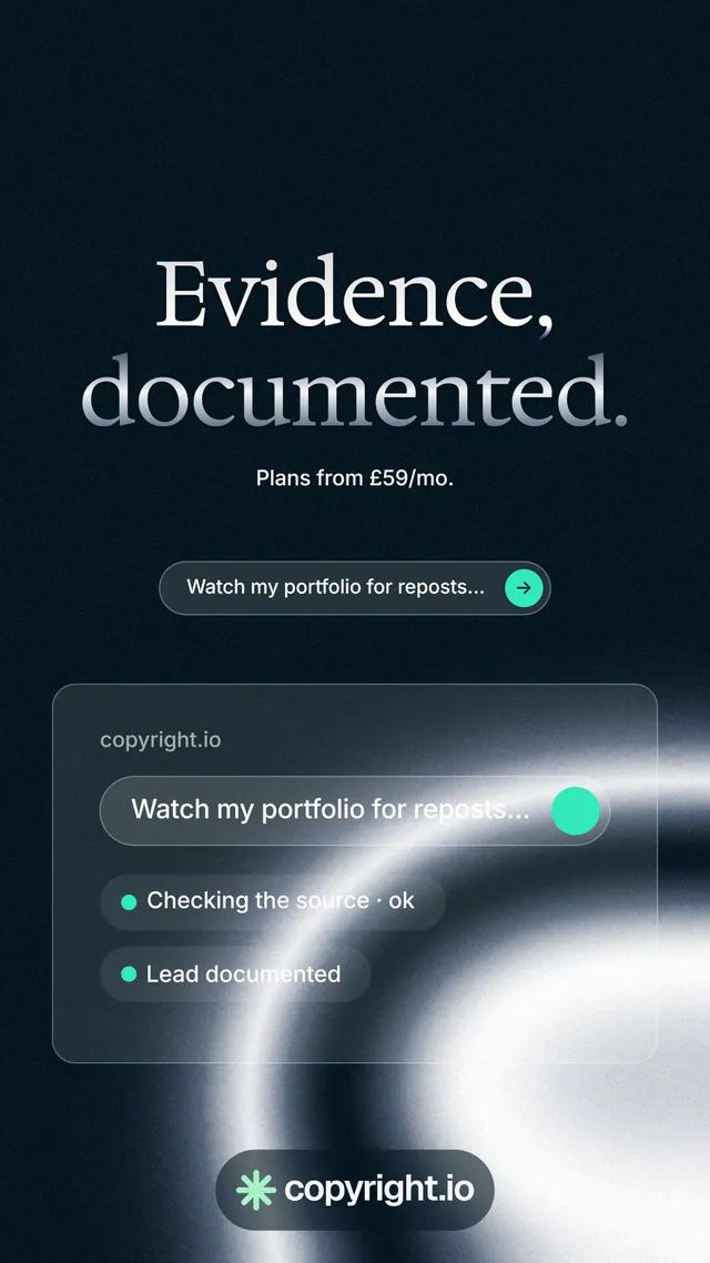 Instagram story for copyright.io: "Evidence, documented." Agentic glass style, centred layout, dark palette in black, blue, grey.