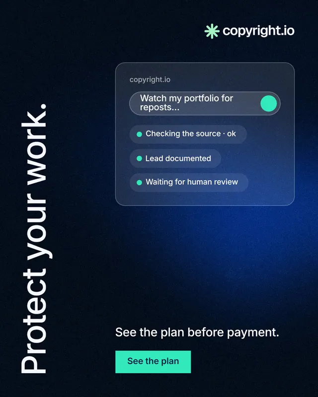 Instagram portrait post for copyright.io: "Protect your work." Swiss style, vertical layout, dark palette in black, blue.
