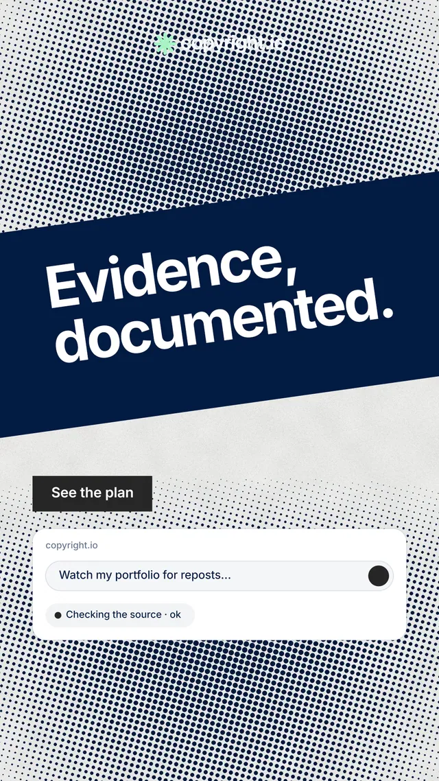 Instagram story for copyright.io: "Evidence, documented." Swiss style, diagonal layout, light palette in grey, blue, white.