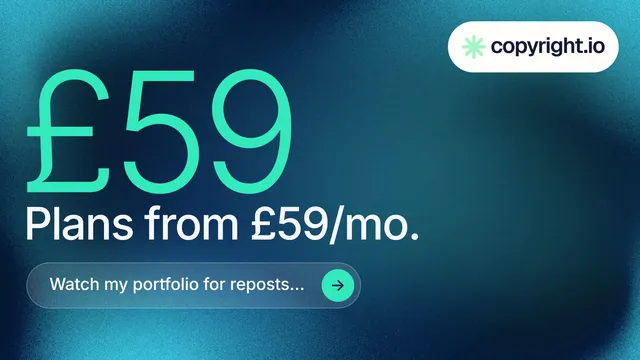 Landscape graphic for copyright.io: "Find your reposted work." Agentic glass style, stat layout, dark palette in blue, teal.