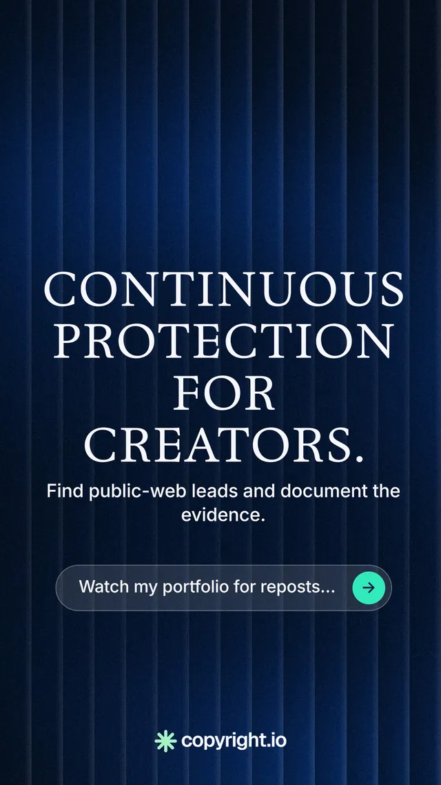 Instagram story for copyright.io: "Continuous protection for creators." Agentic glass style, skeleton layout, dark palette in black, blue.