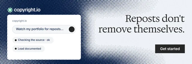 X header for copyright.io: "Reposts don't remove themselves." Split block style, right layout, light palette in white, blue, grey.