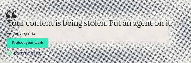 X header for copyright.io: "Find your reposted work." Swiss style, quote layout, light palette in white, grey.