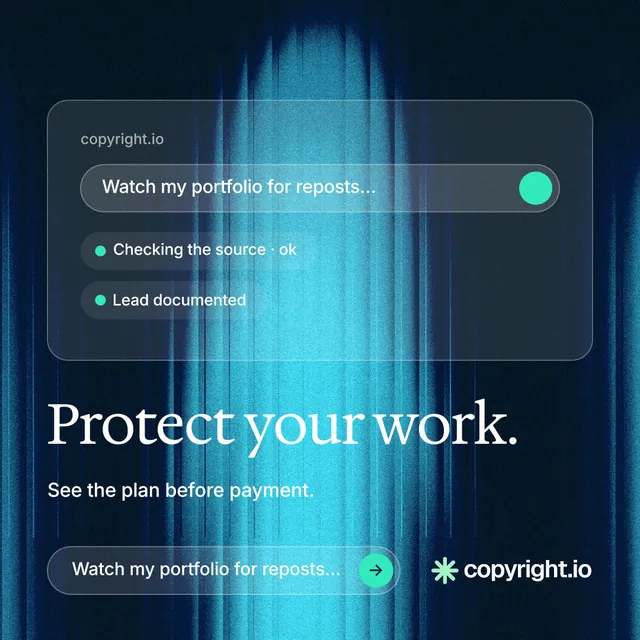 Instagram post for copyright.io: "Protect your work." Agentic glass style, bottom layout, dark palette in teal, blue, black.