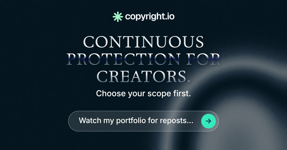 Social ad for copyright.io: "Continuous protection for creators." Agentic glass style, centred layout, dark palette in black, grey, blue.