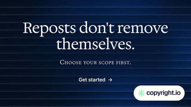 Landscape graphic for copyright.io: "Reposts don't remove themselves." Agentic glass style, smallcaps layout, dark palette in blue, black, grey.
