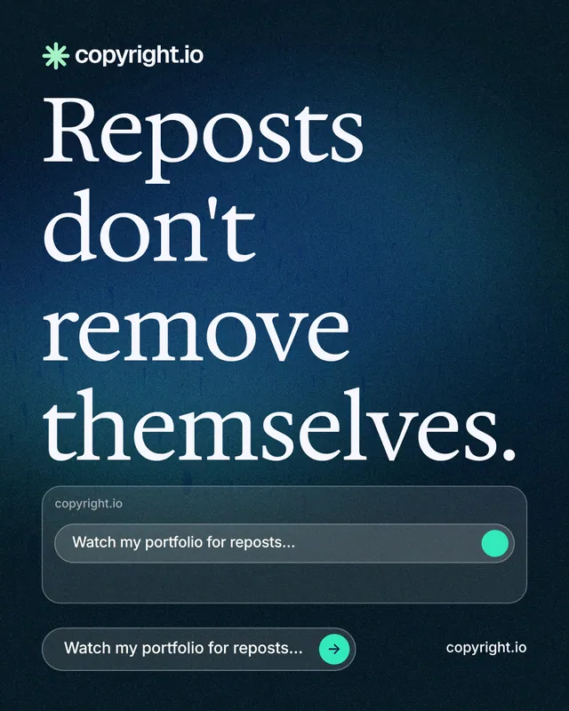 Instagram portrait post for copyright.io: "Reposts don't remove themselves." Agentic glass style, poster layout, dark palette in blue, black.