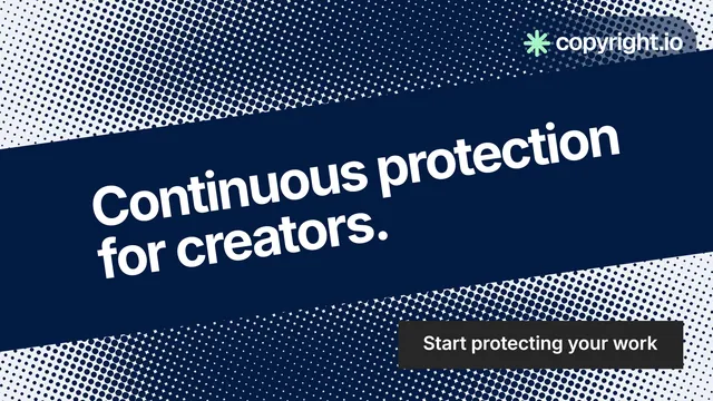 Landscape graphic for copyright.io: "Continuous protection for creators." Swiss style, diagonal layout, dark palette in blue, grey.