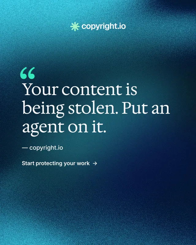 Instagram portrait post for copyright.io: "Your content is being stolen." Minimal luxury style, quote layout, dark palette in blue, teal.