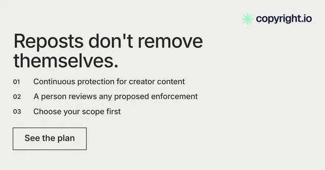 Social ad for copyright.io: "Reposts don't remove themselves." Editorial style, numbered layout, light palette in white.