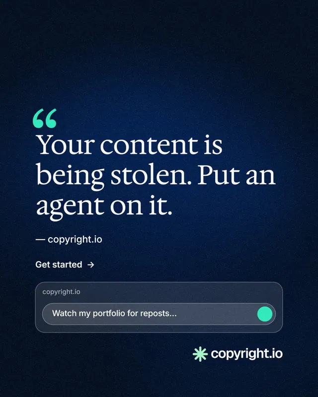 Instagram portrait post for copyright.io: "Find your reposted work." Minimal luxury style, quote layout, dark palette in blue, black.