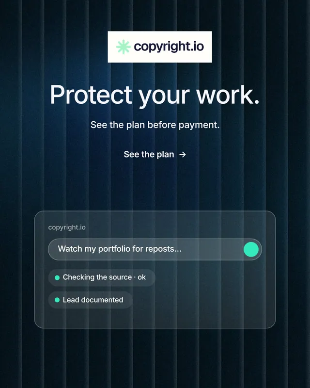 Instagram portrait post for copyright.io: "Protect your work." Minimal luxury style, centred layout, dark palette in black, blue, grey.