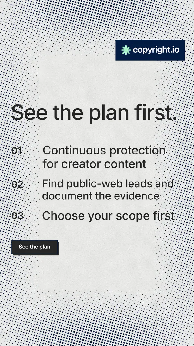 Instagram story for copyright.io: "See the plan first." Brutalist style, numbered layout, light palette in white, grey.
