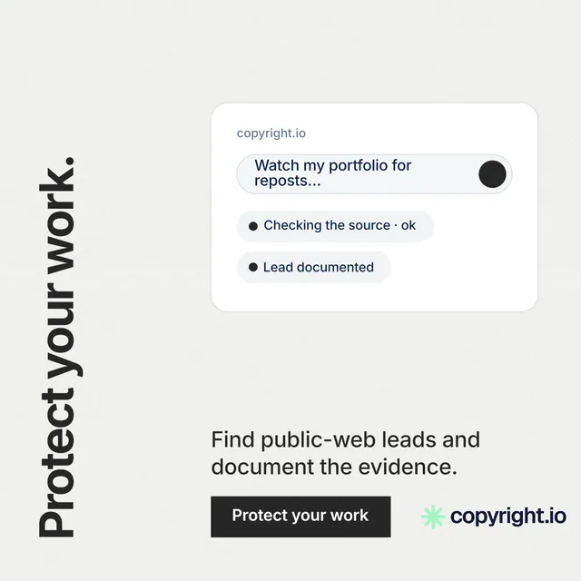 Instagram post for copyright.io: "Protect your work." Swiss style, vertical layout, light palette in white, grey.