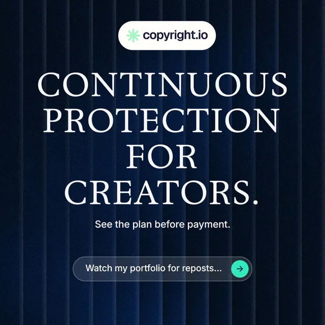 Instagram post for copyright.io: "Continuous protection for creators." Agentic glass style, centred layout, dark palette in black, blue, grey.