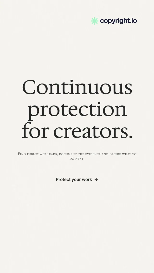 Instagram story for copyright.io: "Continuous protection for creators." Minimal luxury style, smallcaps layout, light palette in white.