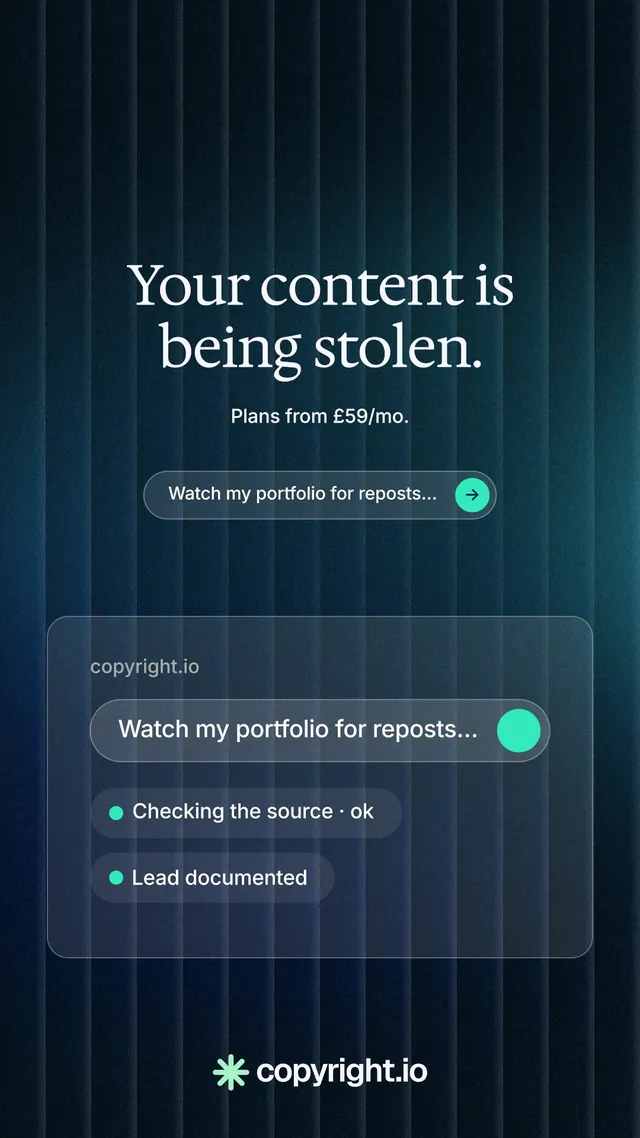 Instagram story for copyright.io: "Your content is being stolen." Agentic glass style, centred layout, dark palette in black, blue.