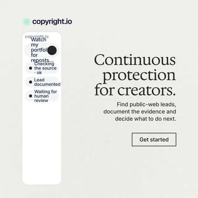 Instagram post for copyright.io: "Continuous protection for creators." Editorial style, right layout, light palette in white, grey.