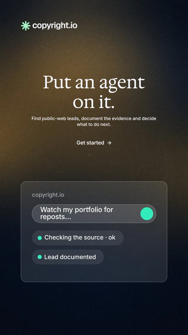 Instagram story for copyright.io: "Put an agent on it." Minimal luxury style, centred layout, dark palette in black, orange, grey.