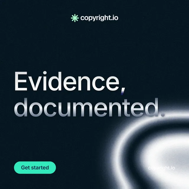 Instagram post for copyright.io: "Evidence, documented." Y2K style, poster layout, dark palette in black, grey.
