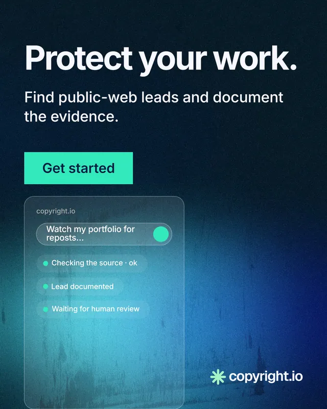 Instagram portrait post for copyright.io: "Protect your work." Swiss style, skeleton layout, dark palette in teal, black, blue.