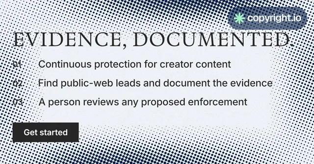 Social ad for copyright.io: "Evidence, documented." Split block style, numbered layout, light palette in grey, blue, white.