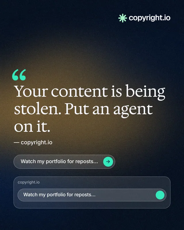 Instagram portrait post for copyright.io: "See the plan first." Agentic glass style, quote layout, dark palette in black, grey, blue.