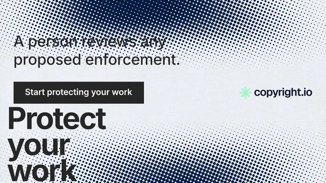Landscape graphic for copyright.io: "Your content is being stolen." Swiss style, oversized layout, light palette in grey, white.