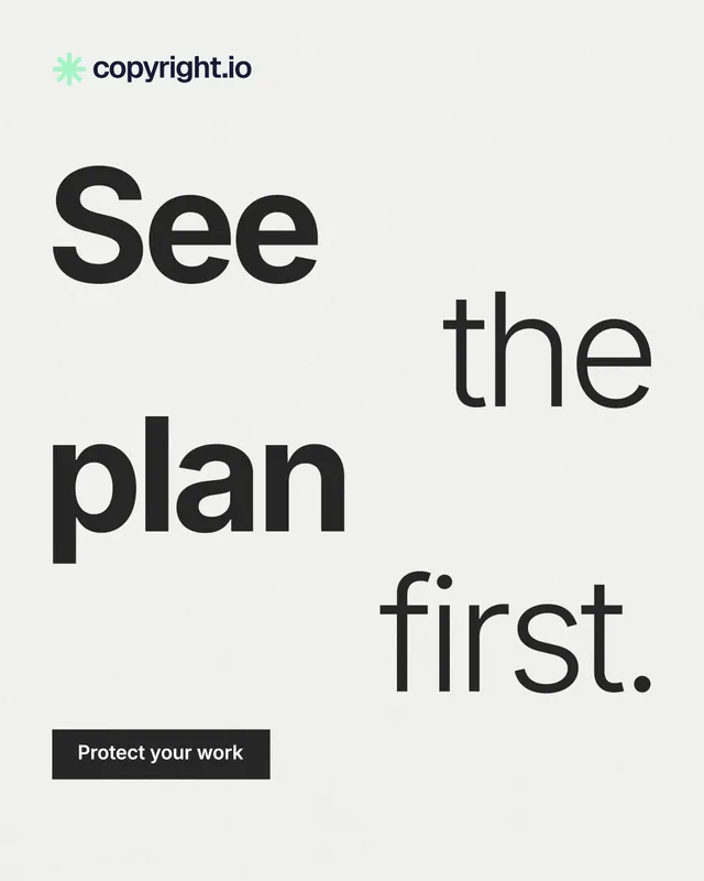 Instagram portrait post for copyright.io: "See the plan first." Swiss style, stacked layout, light palette in white, grey.