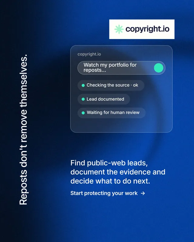 Instagram portrait post for copyright.io: "Reposts don't remove themselves." Minimal luxury style, vertical layout, dark palette in black, blue.