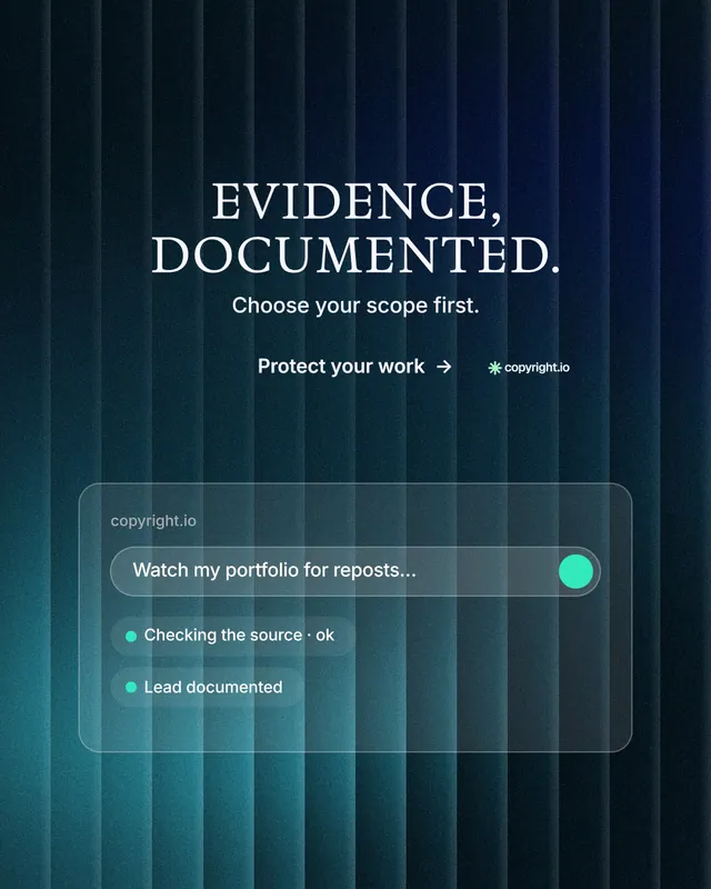 Instagram portrait post for copyright.io: "Evidence, documented." Minimal luxury style, centred layout, dark palette in black, teal, blue.