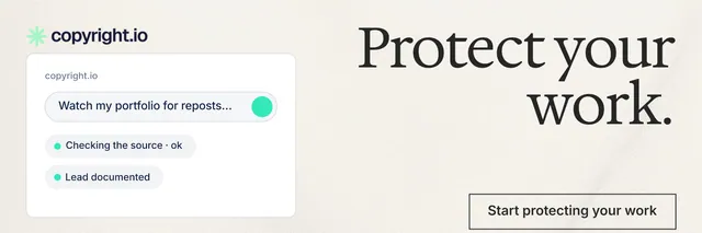 X header for copyright.io: "Protect your work." Editorial style, right layout, light palette in white, grey.