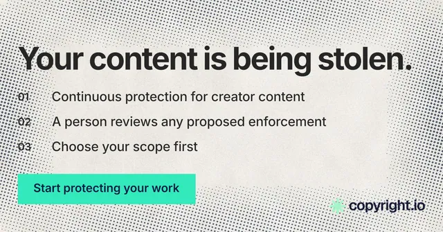 Social ad for copyright.io: "Your content is being stolen." Swiss style, numbered layout, light palette in white, orange, grey.