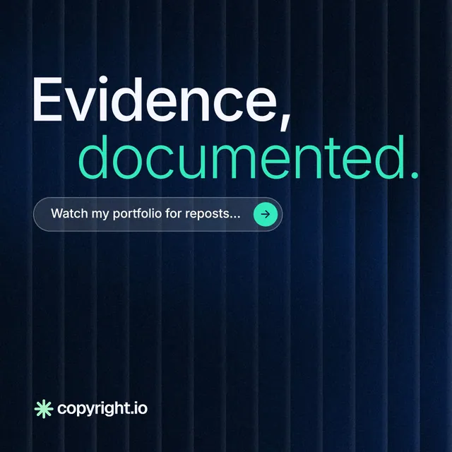 Instagram post for copyright.io: "Evidence, documented." Agentic glass style, stacked layout, dark palette in black, blue, teal.