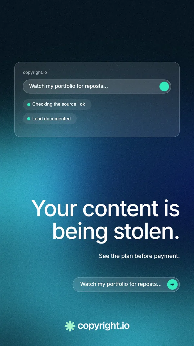 Instagram story for copyright.io: "Your content is being stolen." Agentic glass style, right layout, dark palette in blue, black, teal.