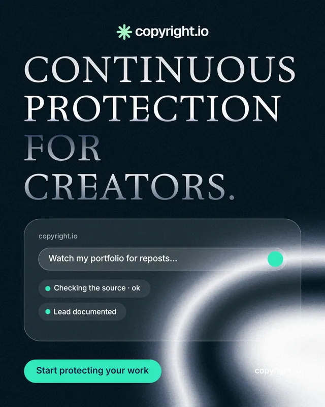 Instagram portrait post for copyright.io: "Continuous protection for creators." Y2K style, poster layout, dark palette in black, blue, grey.