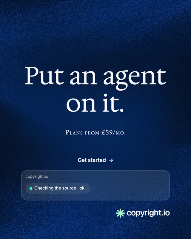 Instagram portrait post for copyright.io: "Put an agent on it." Minimal luxury style, smallcaps layout, dark palette in blue, black.
