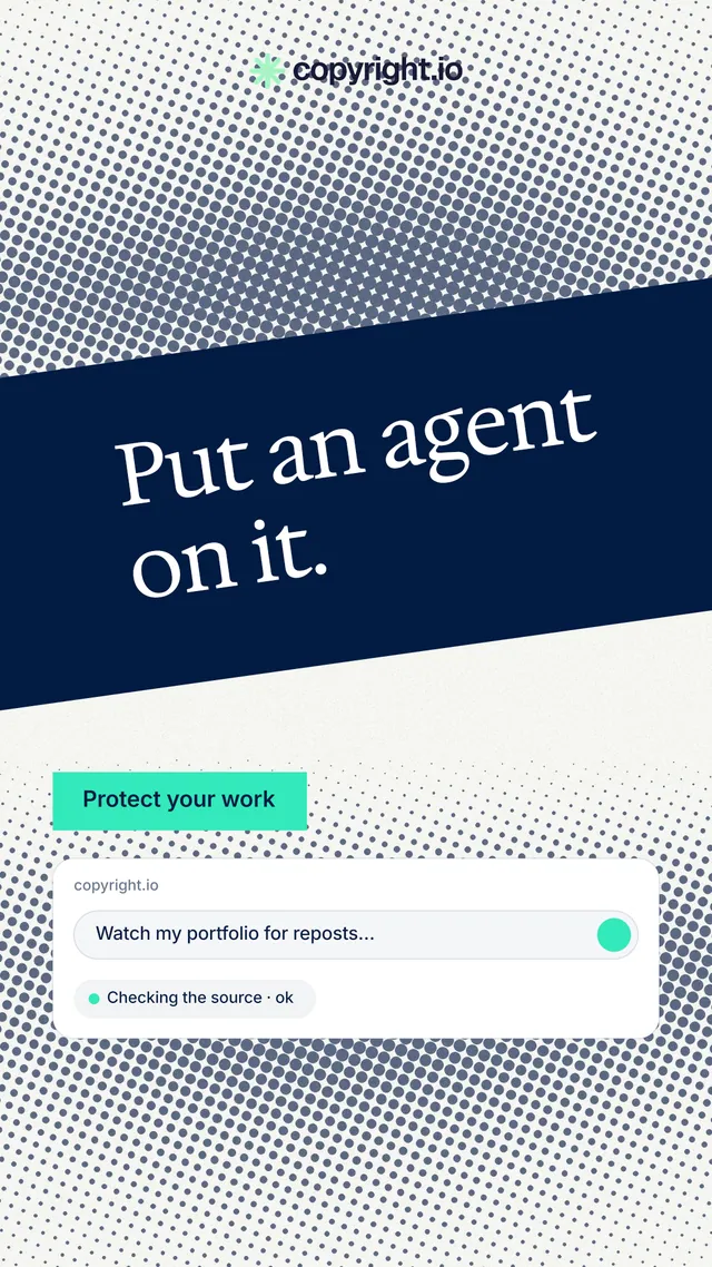 Instagram story for copyright.io: "Put an agent on it." Split block style, diagonal layout, light palette in blue, grey, white.