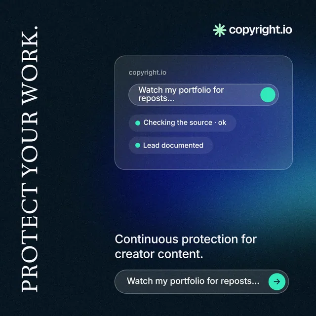 Instagram post for copyright.io: "Protect your work." Agentic glass style, vertical layout, dark palette in black, blue.
