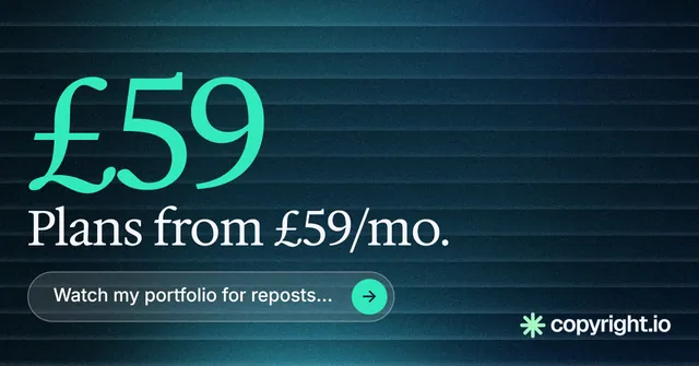 Social ad for copyright.io: "Put an agent on it." Agentic glass style, stat layout, dark palette in blue, black, teal.