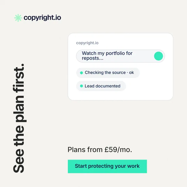 Instagram post for copyright.io: "See the plan first." Swiss style, vertical layout, light palette in white, teal.