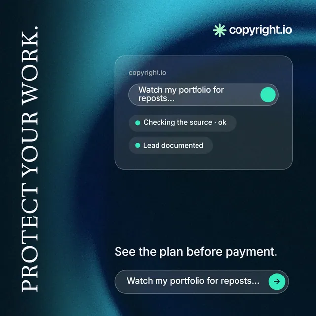 Instagram post for copyright.io: "Protect your work." Agentic glass style, vertical layout, dark palette in black, blue, teal.