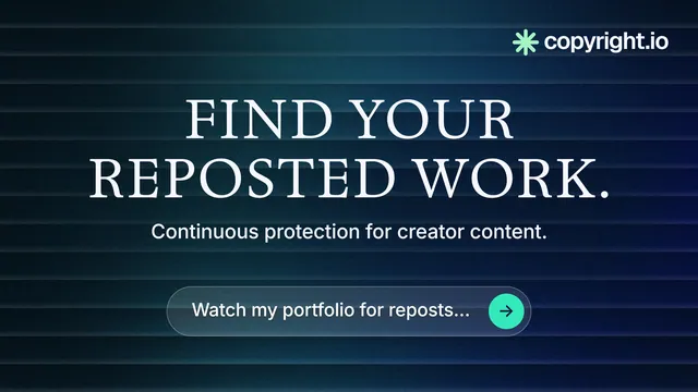 Landscape graphic for copyright.io: "Find your reposted work." Agentic glass style, centred layout, dark palette in blue, black.