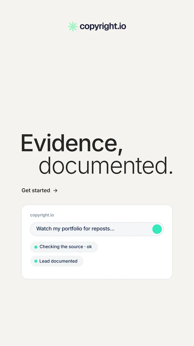 Instagram story for copyright.io: "Evidence, documented." Minimal luxury style, stacked layout, light palette in white, grey.