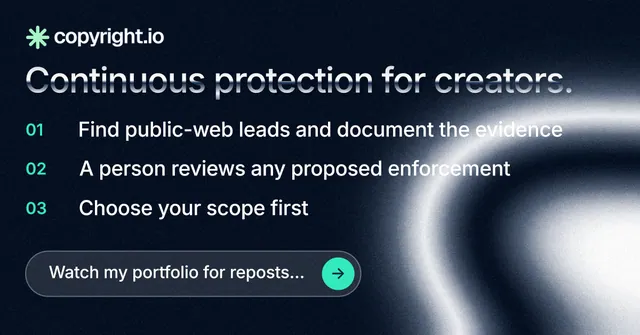 Social ad for copyright.io: "Continuous protection for creators." Agentic glass style, numbered layout, dark palette in black, blue, grey.