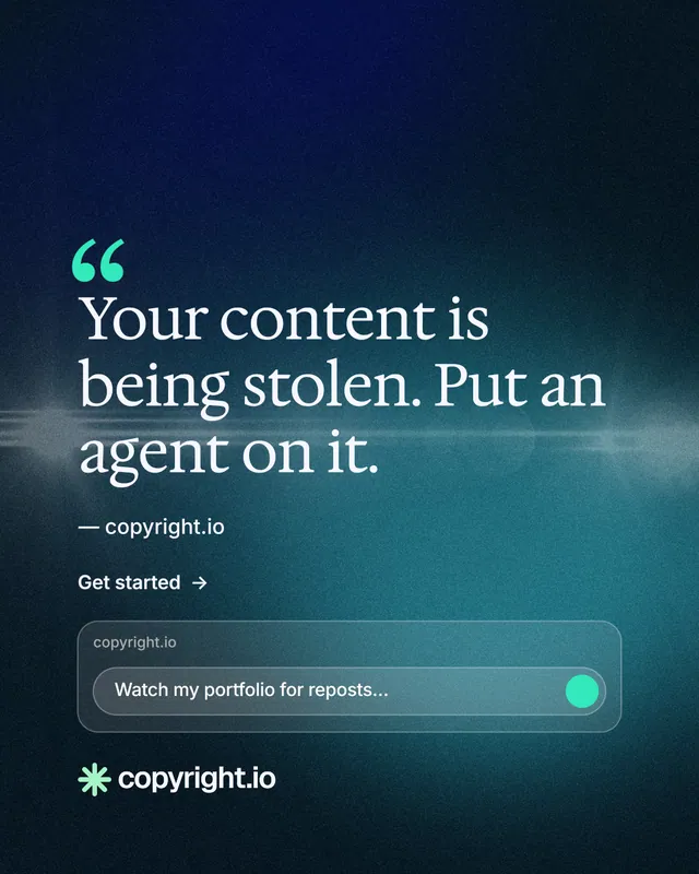 Instagram portrait post for copyright.io: "Continuous protection for creators." Minimal luxury style, quote layout, dark palette in teal, black, blue.
